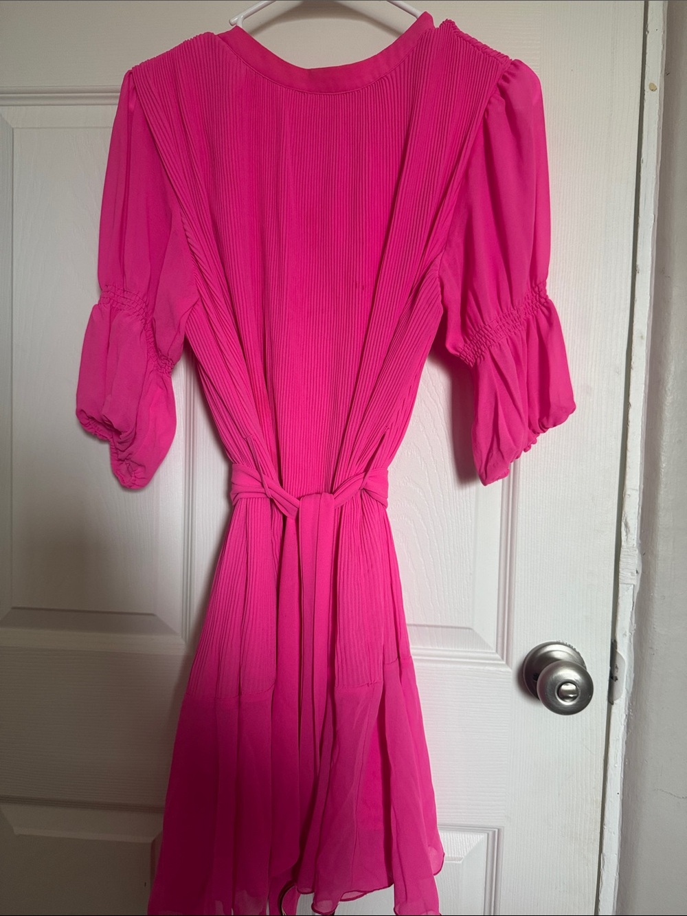 Bright Pink Pleated Women's Dress with Tie Waist
